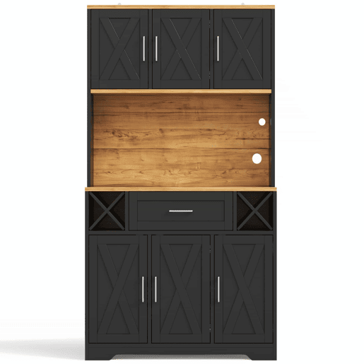 Armário de cozinha 180×105×40 cm u2013 com iluminação LED, prateleiras para vinho e vitrina de arrumação u2013 natural e preto