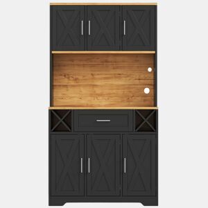 Armário de cozinha 180×105×40 cm u2013 com iluminação LED, prateleiras para vinho e vitrina de arrumação u2013 natural e preto