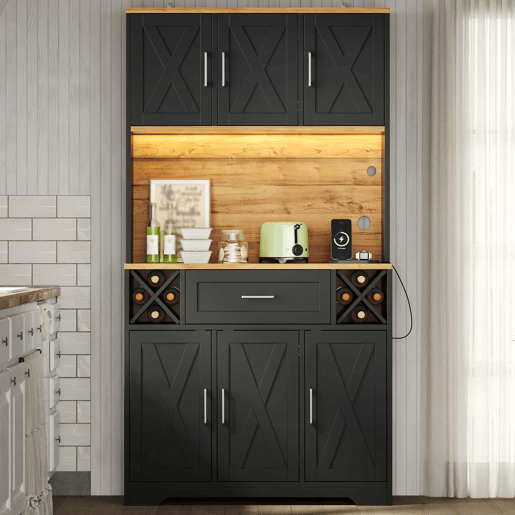 Armário de cozinha 180×105×40 cm u2013 com iluminação LED, prateleiras para vinho e vitrina de arrumação u2013 natural e preto