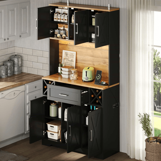Armário de cozinha 180×105×40 cm u2013 com iluminação LED, prateleiras para vinho e vitrina de arrumação u2013 natural e preto