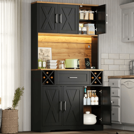 Armário de cozinha 180×105×40 cm u2013 com iluminação LED, prateleiras para vinho e vitrina de arrumação u2013 natural e preto