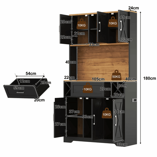 Armário de cozinha 180×105×40 cm u2013 com iluminação LED, prateleiras para vinho e vitrina de arrumação u2013 natural e preto