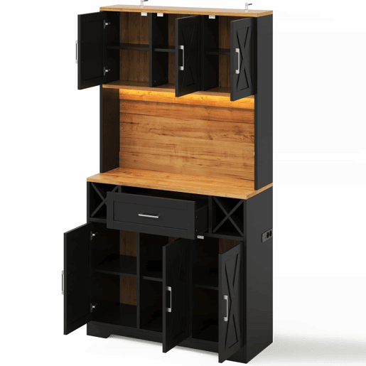 Armário de cozinha 180×105×40 cm u2013 com iluminação LED, prateleiras para vinho e vitrina de arrumação u2013 natural e preto