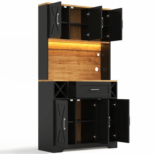 Armário de cozinha 180×105×40 cm u2013 com iluminação LED, prateleiras para vinho e vitrina de arrumação u2013 natural e preto