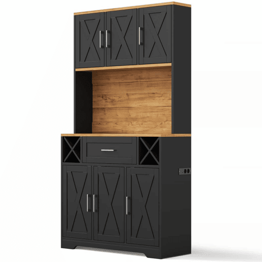 Armário de cozinha 180×105×40 cm u2013 com iluminação LED, prateleiras para vinho e vitrina de arrumação u2013 natural e preto
