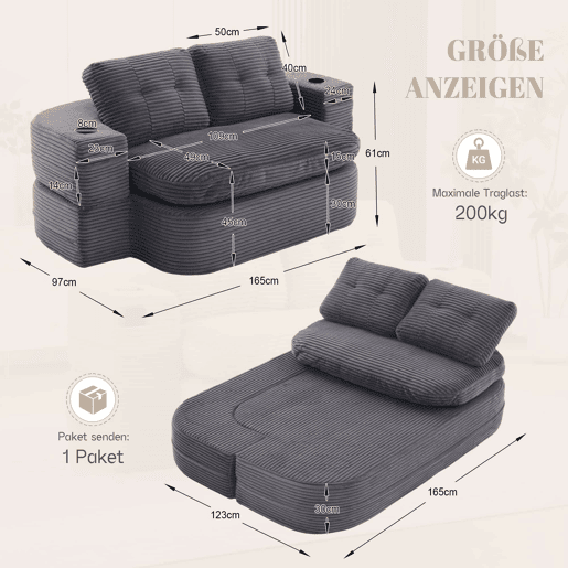 Poltrona-cama 2 em 1 u2014 reclinável com braços ajustáveis, 2 suportes para copos, encosto alto e assento profundo em veludo u2014 Cinza escuro Poltrona-cama 2 em 1 u2014 reclinável com braços ajustáveis, 2 suportes para copos, encosto alto e assento profundo em veludo u2014 Cinza escuro
