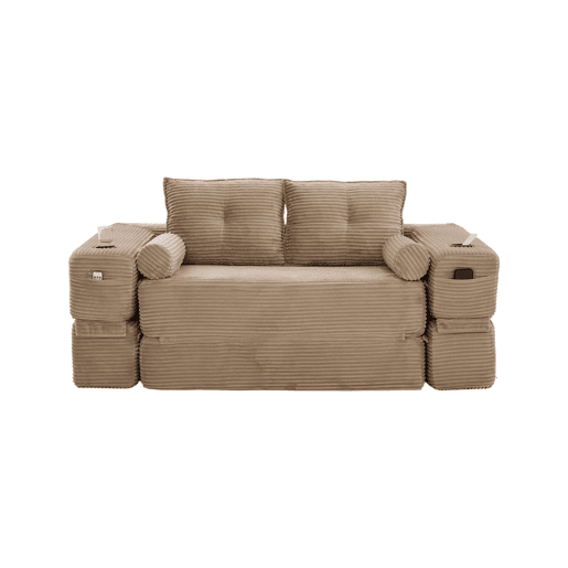 Sofá-cama de 2 lugares u2014 com almofadas Memory, porta-copos, bolsos laterais, espuma de alta densidade e montagem rápida u2014 Cáqui