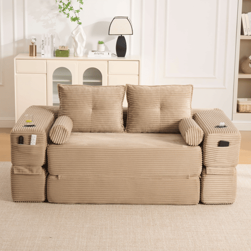 Sofá-cama de 2 lugares u2014 com almofadas Memory, porta-copos, bolsos laterais, espuma de alta densidade e montagem rápida u2014 Cáqui