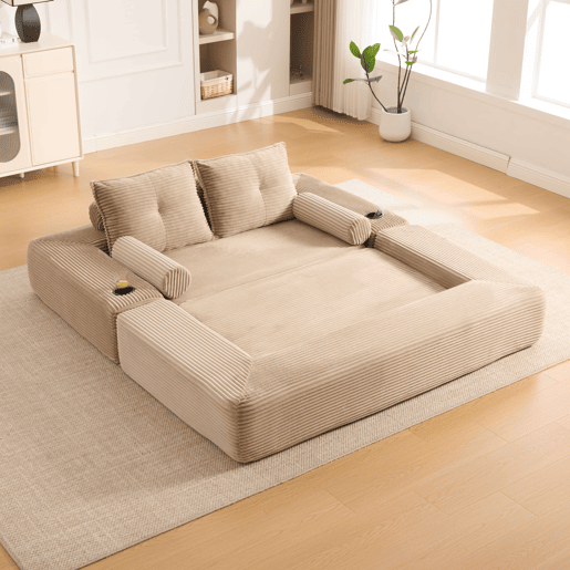 Sofá-cama de 2 lugares u2014 com almofadas Memory, porta-copos, bolsos laterais, espuma de alta densidade e montagem rápida u2014 Cáqui