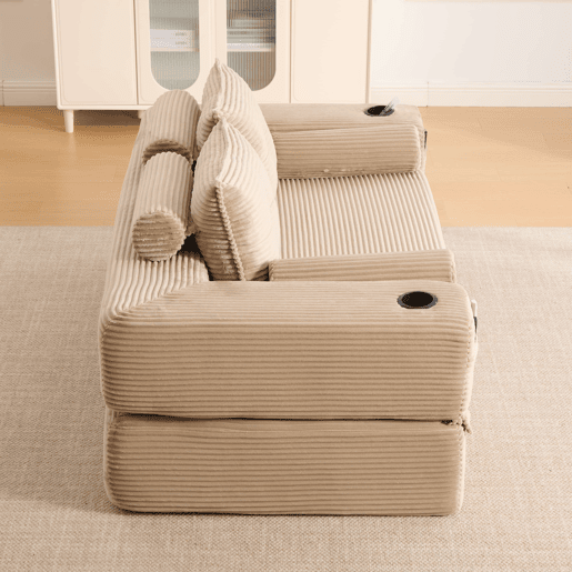 Sofá-cama de 2 lugares u2014 com almofadas Memory, porta-copos, bolsos laterais, espuma de alta densidade e montagem rápida u2014 Cáqui
