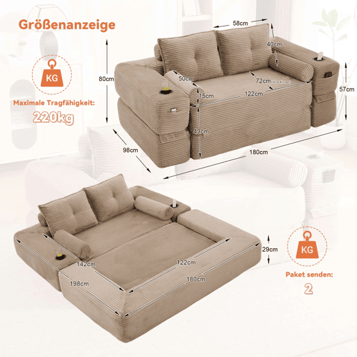 Sofá-cama de 2 lugares u2014 com almofadas Memory, porta-copos, bolsos laterais, espuma de alta densidade e montagem rápida u2014 Cáqui