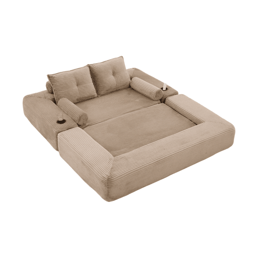 Sofá-cama de 2 lugares u2014 com almofadas Memory, porta-copos, bolsos laterais, espuma de alta densidade e montagem rápida u2014 Cáqui