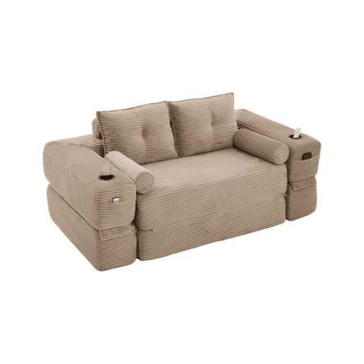 Sofá-cama de 2 lugares u2014 com almofadas Memory, porta-copos, bolsos laterais, espuma de alta densidade e montagem rápida u2014 Cáqui