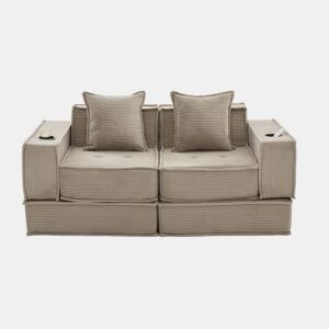 Sofá-cama duplo de 2 lugares u2013 moderno, com almofadas e apoio para os pés decorativo com arrumação lateral e porta-copos, ideal para recantos de leitura e salas de jogos u2013 cáqui