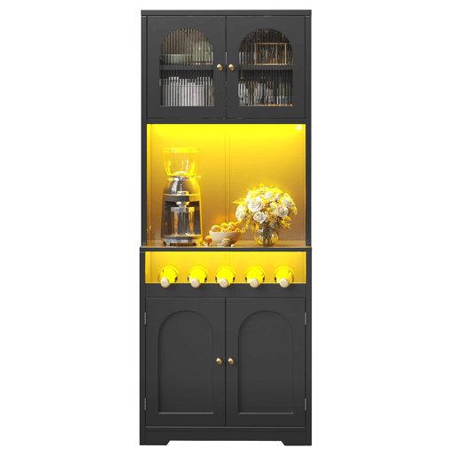 Armário de cozinha de 180 cm u2013 com LED RGB controlável por aplicação, portas de vidro curvas, suporte para garrafas, prateleiras ajustáveis e sistema anti-tombamento u2013 Preto Armário de cozinha de 180 cm u2013 com LED RGB controlável por aplicação, portas de vidro curvas, suporte para garrafas, prateleiras ajustáveis e sistema anti-tombamento u2013 Preto