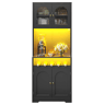Armário de cozinha de 180 cm u2013 com LED RGB controlável por aplicação, portas de vidro curvas, suporte para garrafas, prateleiras ajustáveis e sistema anti-tombamento u2013 Preto