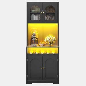Armário de cozinha de 180 cm u2013 com LED RGB controlável por aplicação, portas de vidro curvas, suporte para garrafas, prateleiras ajustáveis e sistema anti-tombamento u2013 Preto