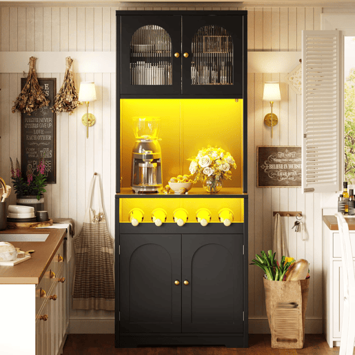 Armário de cozinha de 180 cm u2013 com LED RGB controlável por aplicação, portas de vidro curvas, suporte para garrafas, prateleiras ajustáveis e sistema anti-tombamento u2013 Preto Armário de cozinha de 180 cm u2013 com LED RGB controlável por aplicação, portas de vidro curvas, suporte para garrafas, prateleiras ajustáveis e sistema anti-tombamento u2013 Preto