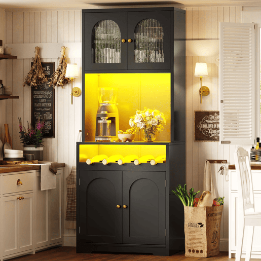 Armário de cozinha de 180 cm u2013 com LED RGB controlável por aplicação, portas de vidro curvas, suporte para garrafas, prateleiras ajustáveis e sistema anti-tombamento u2013 Preto Armário de cozinha de 180 cm u2013 com LED RGB controlável por aplicação, portas de vidro curvas, suporte para garrafas, prateleiras ajustáveis e sistema anti-tombamento u2013 Preto