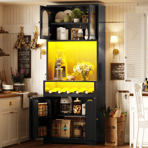Armário de cozinha de 180 cm u2013 com LED RGB controlável por aplicação, portas de vidro curvas, suporte para garrafas, prateleiras ajustáveis e sistema anti-tombamento u2013 Preto Armário de cozinha de 180 cm u2013 com LED RGB controlável por aplicação, portas de vidro curvas, suporte para garrafas, prateleiras ajustáveis e sistema anti-tombamento u2013 Preto