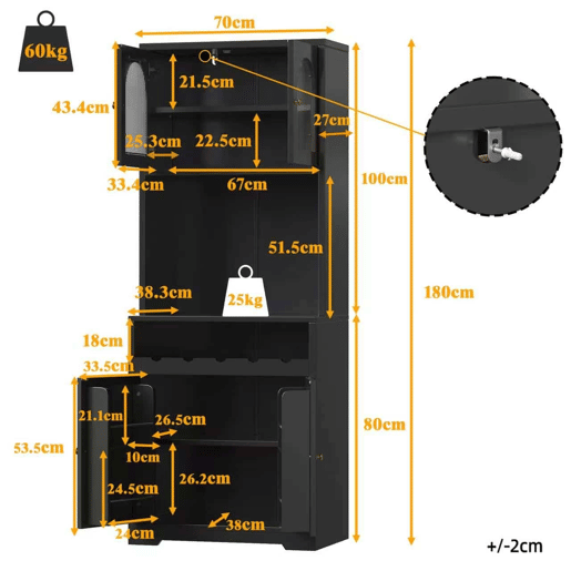 Armário de cozinha de 180 cm u2013 com LED RGB controlável por aplicação, portas de vidro curvas, suporte para garrafas, prateleiras ajustáveis e sistema anti-tombamento u2013 Preto Armário de cozinha de 180 cm u2013 com LED RGB controlável por aplicação, portas de vidro curvas, suporte para garrafas, prateleiras ajustáveis e sistema anti-tombamento u2013 Preto