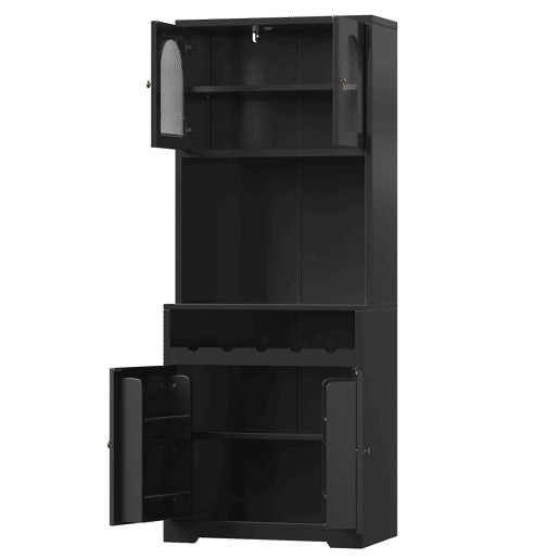 Armário de cozinha de 180 cm u2013 com LED RGB controlável por aplicação, portas de vidro curvas, suporte para garrafas, prateleiras ajustáveis e sistema anti-tombamento u2013 Preto Armário de cozinha de 180 cm u2013 com LED RGB controlável por aplicação, portas de vidro curvas, suporte para garrafas, prateleiras ajustáveis e sistema anti-tombamento u2013 Preto