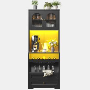 Armário alto de 180 cm - portas de vidro com iluminação LED e controlo por app, suporte para garrafas e porta USB - Preto