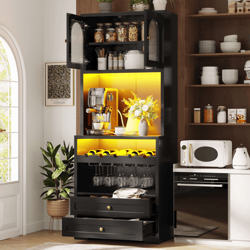 Armário alto de 180 cm - portas de vidro com iluminação LED e controlo por app, suporte para garrafas e porta USB - Preto Armário alto de 180 cm - portas de vidro com iluminação LED e controlo por app, suporte para garrafas e porta USB - Preto