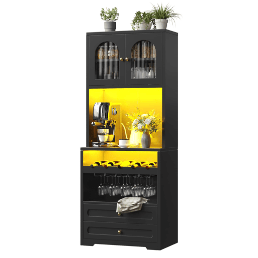 Armário alto de 180 cm - portas de vidro com iluminação LED e controlo por app, suporte para garrafas e porta USB - Preto Armário alto de 180 cm - portas de vidro com iluminação LED e controlo por app, suporte para garrafas e porta USB - Preto
