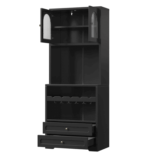 Armário alto de 180 cm - portas de vidro com iluminação LED e controlo por app, suporte para garrafas e porta USB - Preto Armário alto de 180 cm - portas de vidro com iluminação LED e controlo por app, suporte para garrafas e porta USB - Preto