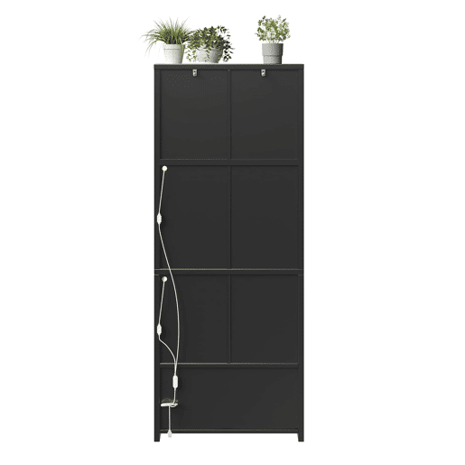 Armário alto de 180 cm - portas de vidro com iluminação LED e controlo por app, suporte para garrafas e porta USB - Preto Armário alto de 180 cm - portas de vidro com iluminação LED e controlo por app, suporte para garrafas e porta USB - Preto