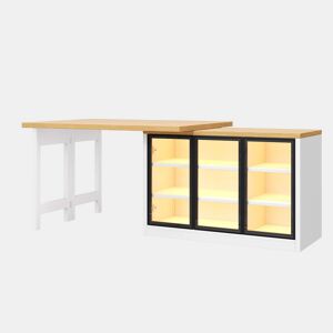 Ilha de cozinha com mesa de jantar extensível u2014 design giratório a 360°, armário lateral, iluminação LED inteligente u2014 Branco
