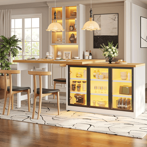 Ilha de cozinha com mesa de jantar extensível u2014 design giratório a 360°, armário lateral, iluminação LED inteligente u2014 Branco Ilha de cozinha com mesa de jantar extensível u2014 design giratório a 360°, armário lateral, iluminação LED inteligente u2014 Branco