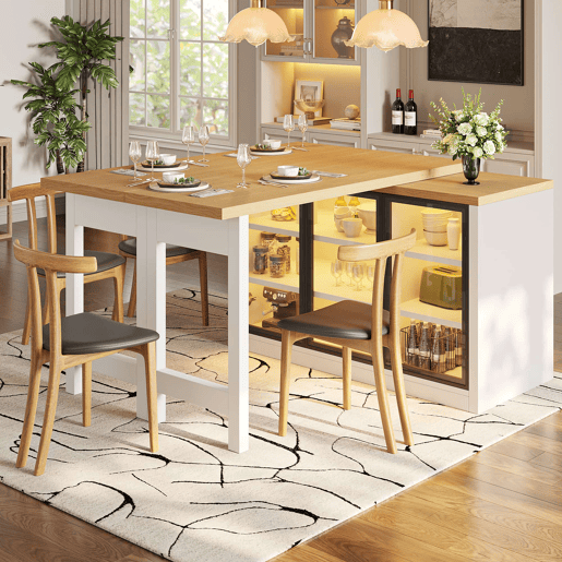 Ilha de cozinha com mesa de jantar extensível u2014 design giratório a 360°, armário lateral, iluminação LED inteligente u2014 Branco Ilha de cozinha com mesa de jantar extensível u2014 design giratório a 360°, armário lateral, iluminação LED inteligente u2014 Branco