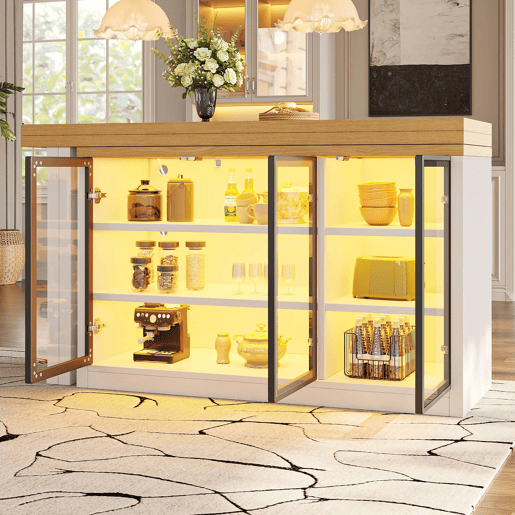 Ilha de cozinha com mesa de jantar extensível u2014 design giratório a 360°, armário lateral, iluminação LED inteligente u2014 Branco Ilha de cozinha com mesa de jantar extensível u2014 design giratório a 360°, armário lateral, iluminação LED inteligente u2014 Branco