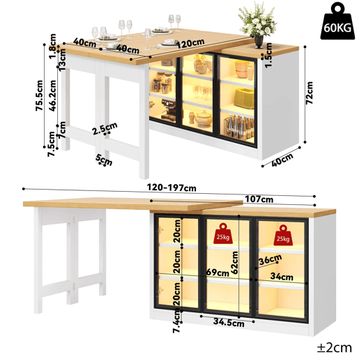 Ilha de cozinha com mesa de jantar extensível u2014 design giratório a 360°, armário lateral, iluminação LED inteligente u2014 Branco Ilha de cozinha com mesa de jantar extensível u2014 design giratório a 360°, armário lateral, iluminação LED inteligente u2014 Branco