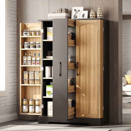 Armário de cozinha 150 × 78 × 40 cm u2014 com prateleira para especiarias, porta dupla, gaveta extraível de 4 níveis e prateleiras ajustáveis u2014 preto Armário de cozinha 150 × 78 × 40 cm u2014 com prateleira para especiarias, porta dupla, gaveta extraível de 4 níveis e prateleiras ajustáveis u2014 preto