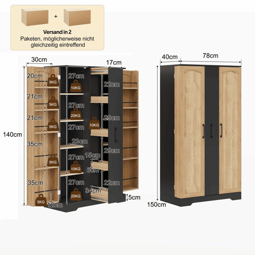 Armário de cozinha 150 × 78 × 40 cm u2014 com prateleira para especiarias, porta dupla, gaveta extraível de 4 níveis e prateleiras ajustáveis u2014 preto Armário de cozinha 150 × 78 × 40 cm u2014 com prateleira para especiarias, porta dupla, gaveta extraível de 4 níveis e prateleiras ajustáveis u2014 preto