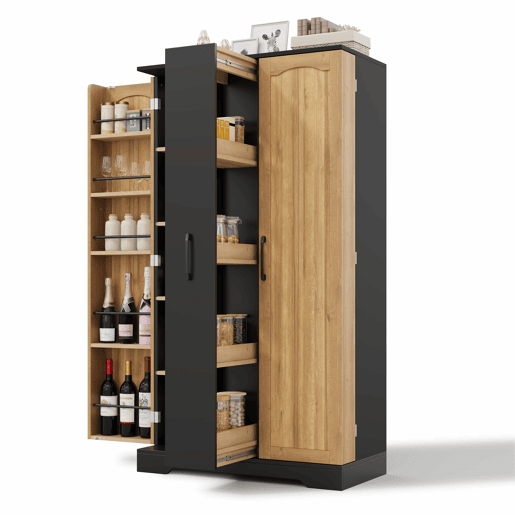Armário de cozinha 150 × 78 × 40 cm u2014 com prateleira para especiarias, porta dupla, gaveta extraível de 4 níveis e prateleiras ajustáveis u2014 preto Armário de cozinha 150 × 78 × 40 cm u2014 com prateleira para especiarias, porta dupla, gaveta extraível de 4 níveis e prateleiras ajustáveis u2014 preto