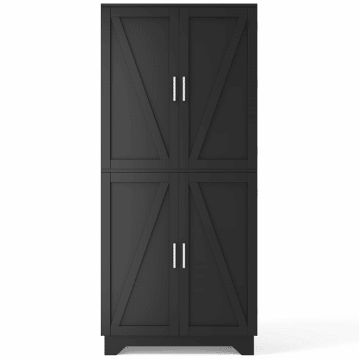 Armário de cozinha 80x40x180 cm u2013 com 4 portas estilo celeiro, suporte para garrafas e prateleiras interiores u2013 Preto+Natural Armário de cozinha 80x40x180 cm u2013 com 4 portas estilo celeiro, suporte para garrafas e prateleiras interiores u2013 Preto+Natural