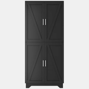 Armário de cozinha 80x40x180 cm u2013 com 4 portas estilo celeiro, suporte para garrafas e prateleiras interiores u2013 Preto+Natural