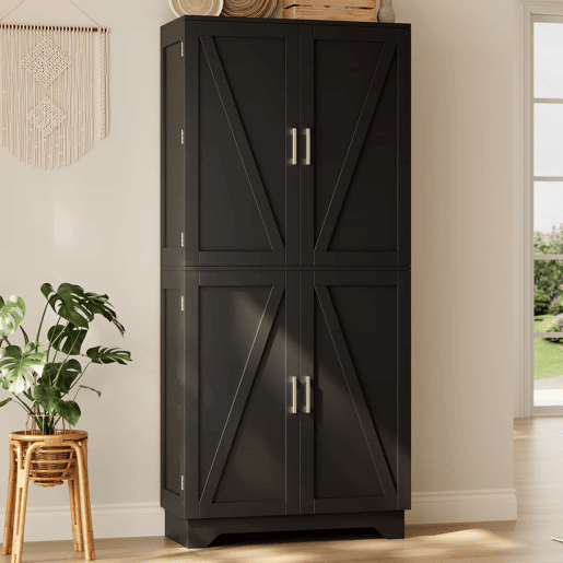 Armário de cozinha 80x40x180 cm u2013 com 4 portas estilo celeiro, suporte para garrafas e prateleiras interiores u2013 Preto+Natural Armário de cozinha 80x40x180 cm u2013 com 4 portas estilo celeiro, suporte para garrafas e prateleiras interiores u2013 Preto+Natural