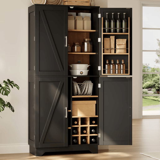 Armário de cozinha 80x40x180 cm u2013 com 4 portas estilo celeiro, suporte para garrafas e prateleiras interiores u2013 Preto+Natural Armário de cozinha 80x40x180 cm u2013 com 4 portas estilo celeiro, suporte para garrafas e prateleiras interiores u2013 Preto+Natural