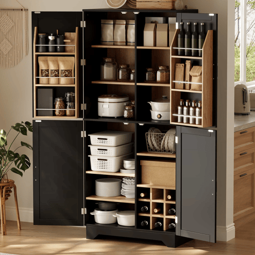 Armário de cozinha 80x40x180 cm u2013 com 4 portas estilo celeiro, suporte para garrafas e prateleiras interiores u2013 Preto+Natural Armário de cozinha 80x40x180 cm u2013 com 4 portas estilo celeiro, suporte para garrafas e prateleiras interiores u2013 Preto+Natural