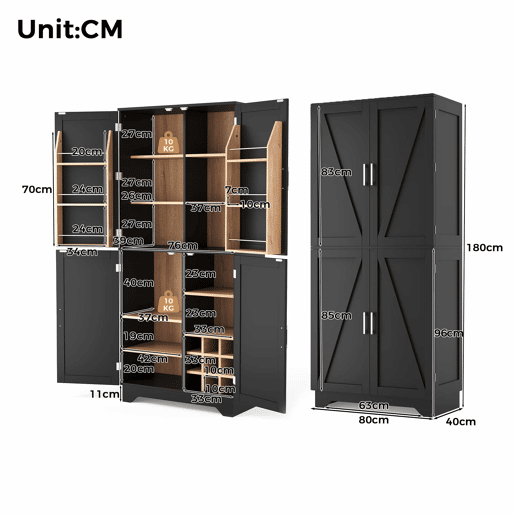 Armário de cozinha 80x40x180 cm u2013 com 4 portas estilo celeiro, suporte para garrafas e prateleiras interiores u2013 Preto+Natural Armário de cozinha 80x40x180 cm u2013 com 4 portas estilo celeiro, suporte para garrafas e prateleiras interiores u2013 Preto+Natural