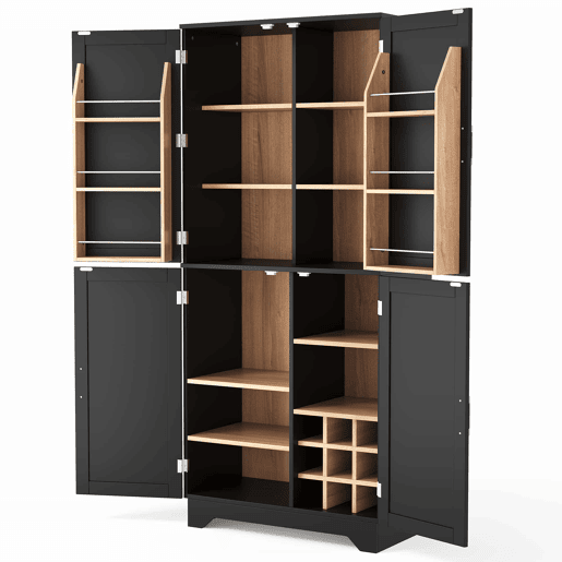Armário de cozinha 80x40x180 cm u2013 com 4 portas estilo celeiro, suporte para garrafas e prateleiras interiores u2013 Preto+Natural Armário de cozinha 80x40x180 cm u2013 com 4 portas estilo celeiro, suporte para garrafas e prateleiras interiores u2013 Preto+Natural
