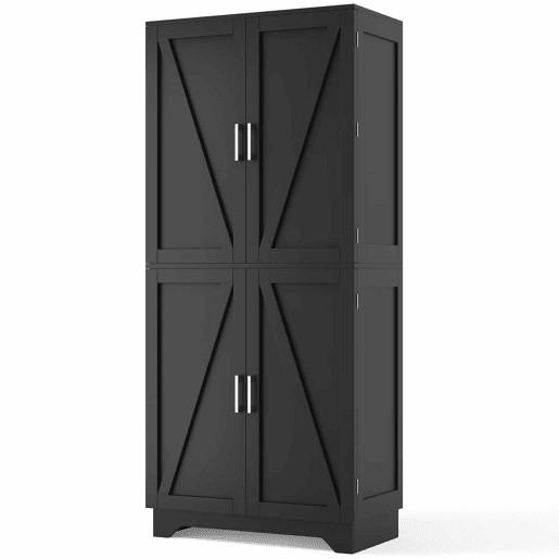 Armário de cozinha 80x40x180 cm u2013 com 4 portas estilo celeiro, suporte para garrafas e prateleiras interiores u2013 Preto+Natural Armário de cozinha 80x40x180 cm u2013 com 4 portas estilo celeiro, suporte para garrafas e prateleiras interiores u2013 Preto+Natural