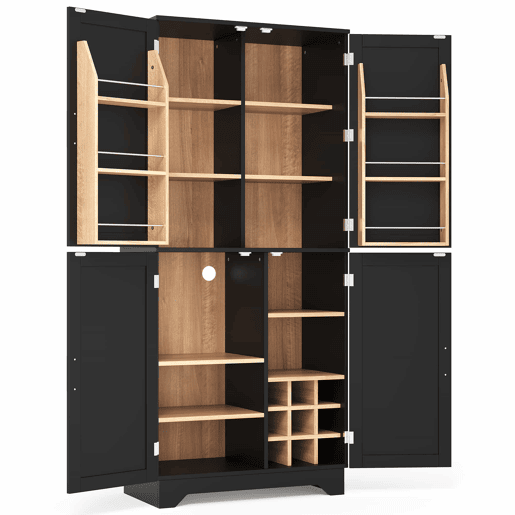 Armário de cozinha 80x40x180 cm u2013 com 4 portas estilo celeiro, suporte para garrafas e prateleiras interiores u2013 Preto+Natural Armário de cozinha 80x40x180 cm u2013 com 4 portas estilo celeiro, suporte para garrafas e prateleiras interiores u2013 Preto+Natural