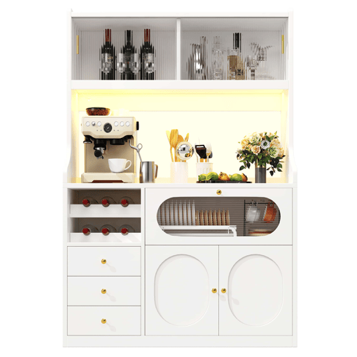 Armário alto de cozinha de 120 cm - LED RGB com aplicação, portas de vidro, suporte para garrafas e 3 gavetas - Branco Armário alto de cozinha de 120 cm - LED RGB com aplicação, portas de vidro, suporte para garrafas e 3 gavetas - Branco