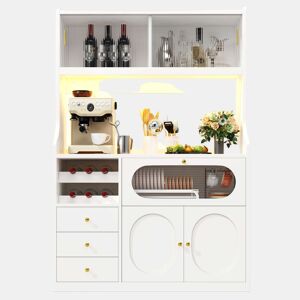 Armário alto de cozinha de 120 cm - LED RGB com aplicação, portas de vidro, suporte para garrafas e 3 gavetas - Branco